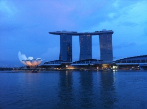 Singapore skyline at dusk. 